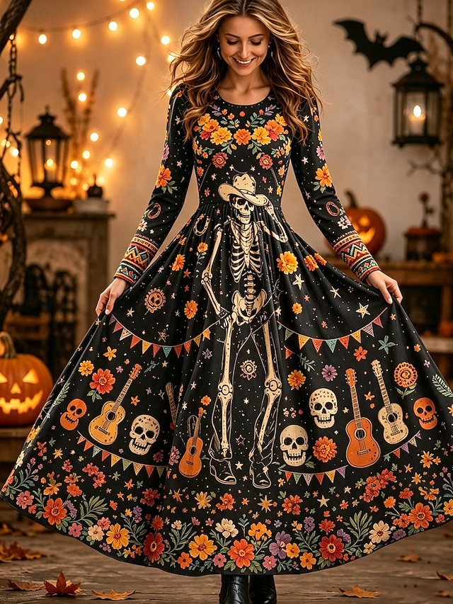 Halloween Women's Maxi Dress A Line Dress Vintage Boho Party Regular Graphic Skull Long Sleeve V Neck Black Yellow Red Orange Fall Winter - Yellow