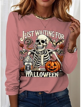 Halloween Women's T shirt Pumpkin Graphic Skull Vintage Fashion Stylish Long Sleeve Crew Neck Round Neck Regular Tops Daily Weekend Print Black White Pink Blue Purple Spring Fall Winter - Pink