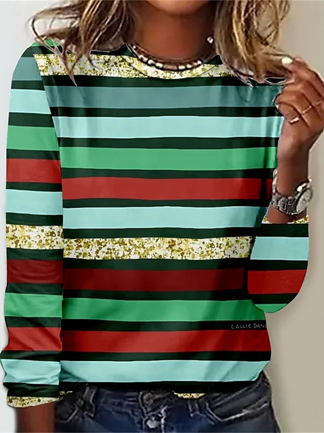 Women's T shirt Crew Neck Long Sleeve Tunic Cat Striped Casual Regular Tops Daily Print Black Green Spring Fall MAO - Green