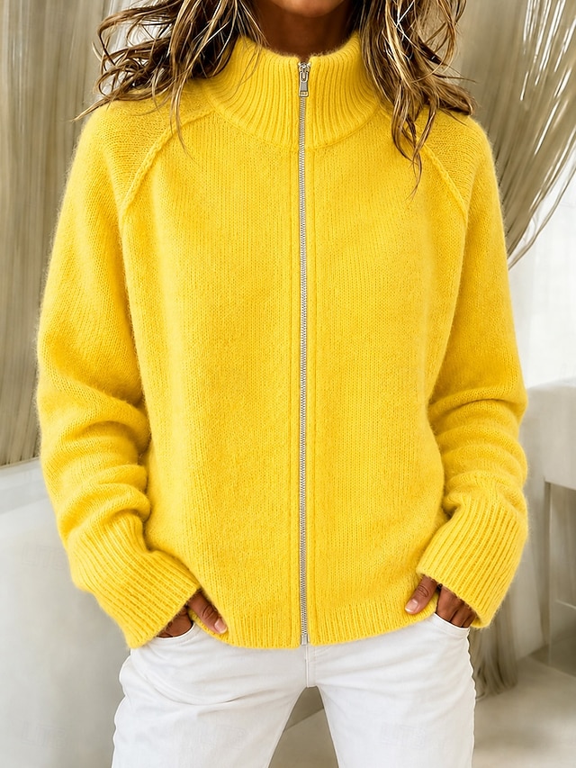 Women's Cardigan Sweater Cardigan Fashion Cool Daily Stand Collar Knitted Long Sleeve Long Tops Knit White Yellow Spring Fall - Yellow