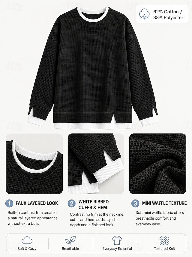 Women's Waffle Hoodies Textured Pullover Sweatshirt Pullover Patchwork Casual Long Sleeve Crew Neck Round Neck Long Tops Casual Black Khaki Grey Summer Spring Fall - Black