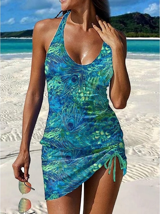Women's Swimwear Tankini Skirt Swimsuit Elegant Vacation Floral Graphic Sleeveless Bathing Suits - Blue