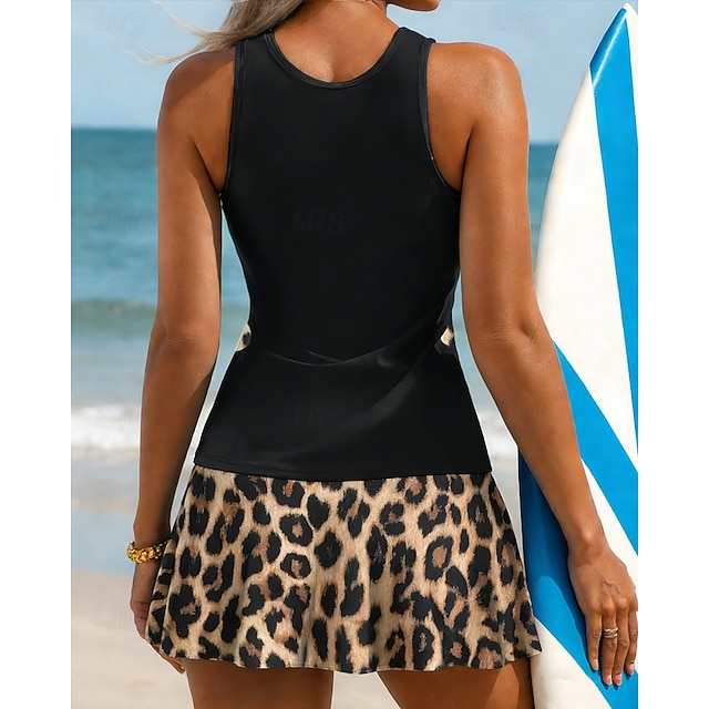 Women's Floral Print Swimsuit Tankini 2 Pieces Printed Elastic Sleeveless Swimwear Surfing Snorkeling Swimming Summer - Black