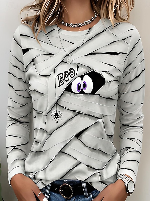Halloween Women's T Shirt Print Graphic Geometric Witch Vintage Fashion Stylish Long Sleeve Crew Neck Round Neck Long Tops Casual Daily White Black Pink Orange Summer Spring Fall Winter - White