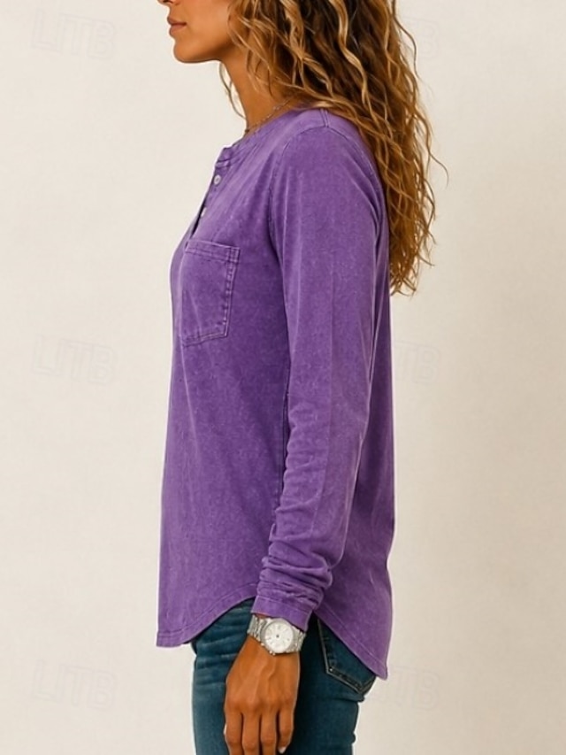 Women's Washed Cotton 100% Cotton Henley Shirt Solid Color Vintage Fashion Stylish Long Sleeve Crew Neck Long Tops Casual Beach Blue Purple Orange Spring Fall Winter - Purple