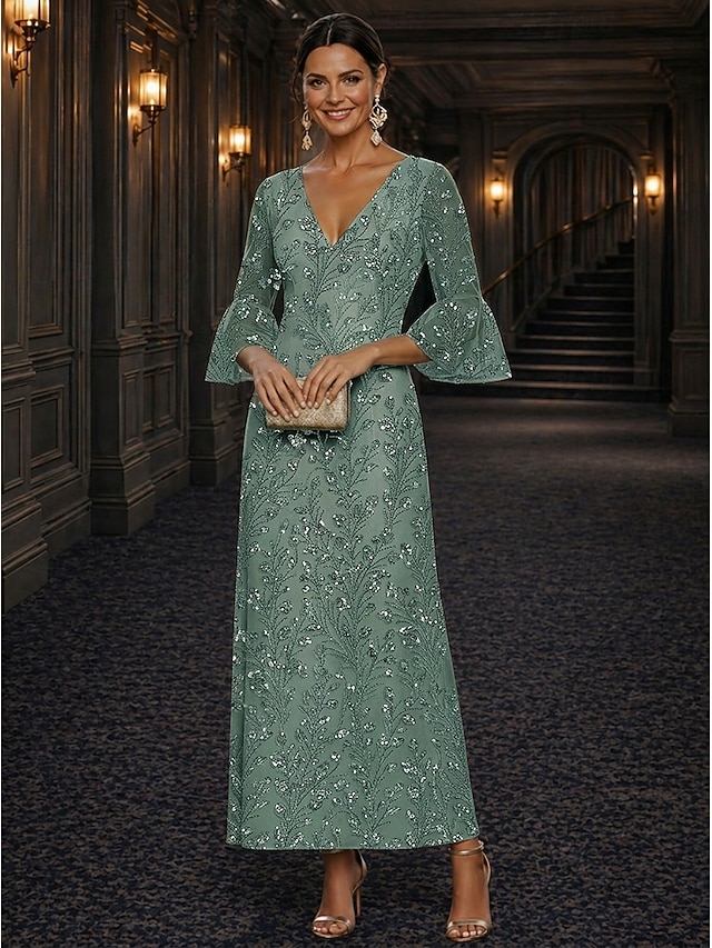 A-Line Dress Floor Length Ankle Length Cocktail Dress Mother of the Bride Dress Long Sleeve V Neck Elegant Luxurious Sparkle & Shine Formal Wedding Guest Semi Formal Lace with Beading Sequin - Dusty Sage