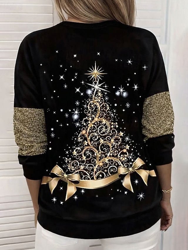 Christmas Women's Pullover Sweatshirt Hoodies Graphic Tree Fashion Casual Long Sleeve Crew Neck Regular Tops Street Dailywear Print Pink Blue Purple Gold Green Spring Fall Winter - Gold
