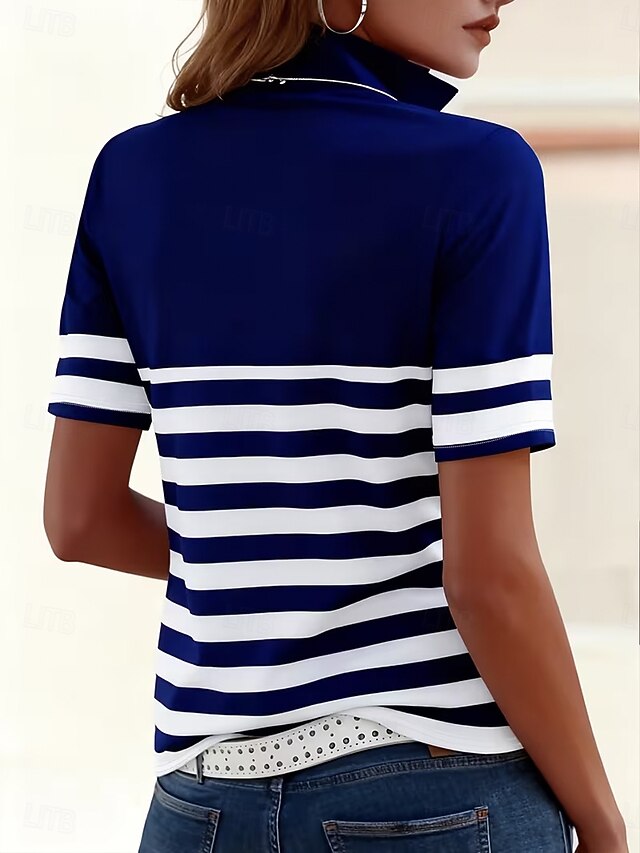 Women's T Shirt Zipper Quarter Zip Striped Graphic Geometric Color Block Vintage Tropical Hawaiian Short Sleeve High Neck Regular Tops Beach Wedding Casual Daily Blue Black Red Navy Blue Camel Summer - Navy Blue