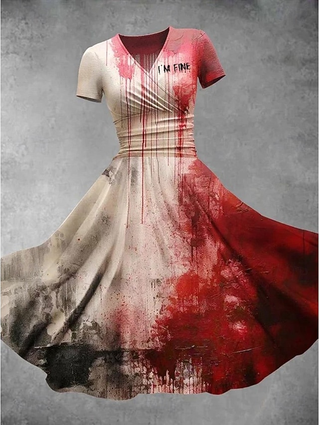 Halloween Women's Bloodstain Print Midi Dress A Line Dress Dress Fit And Flare Dress Party Casual Daily Holiday Regular Fit Graphic Abstract Short Sleeve V Neck Deep Green White Wine Red Fall - Light Brown