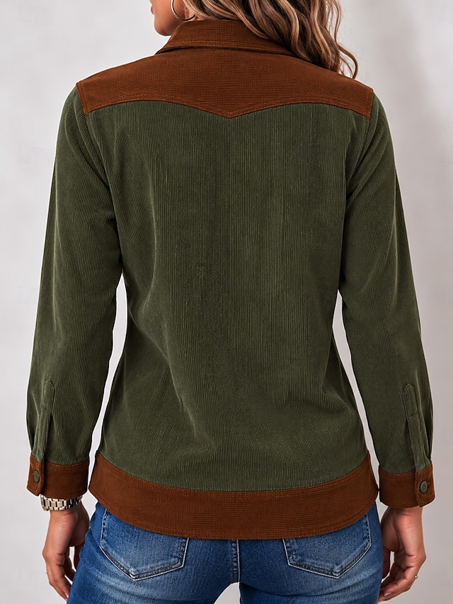 Women's 100% Cotton Corduroy Shirt Color Block Plain Vintage Fashion Stylish Long Sleeve Regular Tops Casual Beach Red Green Grey Spring Fall Winter - Green