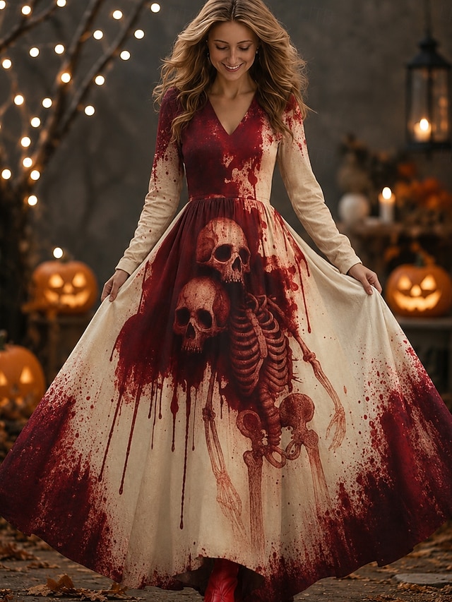 Halloween Women's Maxi Dress Pleated Dress Boho Party Date Going out Regular Fit Skull Long Sleeve V Neck Black Fall Winter Autumn - Wine