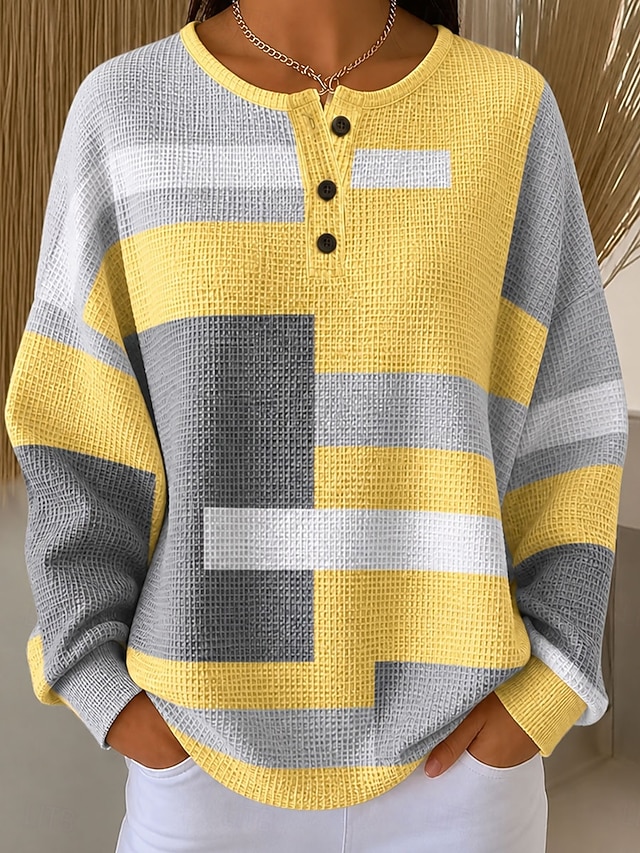 Women's Textured Pullover Sweatshirt Buttons Graphic Geometric Color Block Fashion Casual Print Long Sleeve Crew Neck Regular Tops Casual Street Blue Yellow Pink Spring Fall - Yellow
