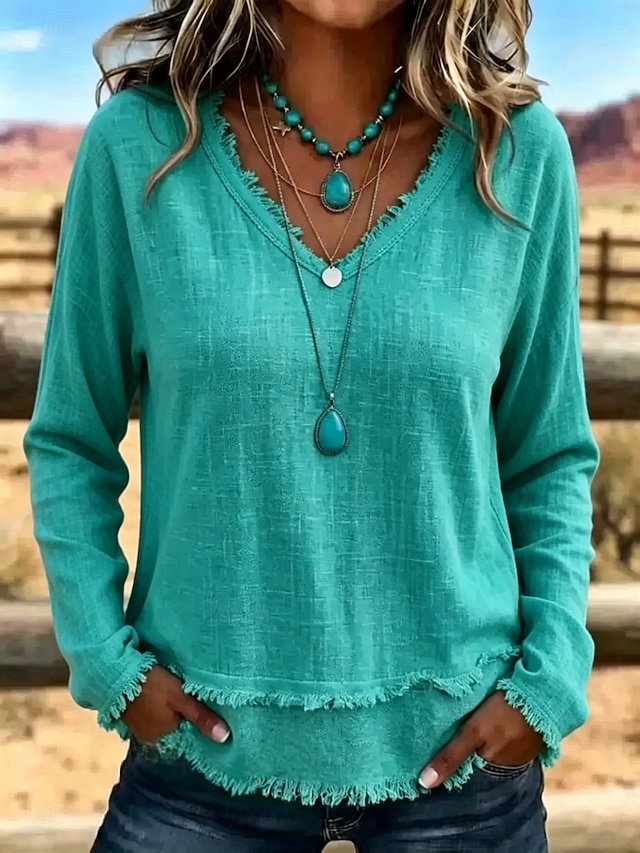 Women's T Shirt Fringe Daily Long Sleeve V Neck Regular Tops Casual Outdoor Streetwear Blue Yellow Light Green Pink Green Fall Winter - Green