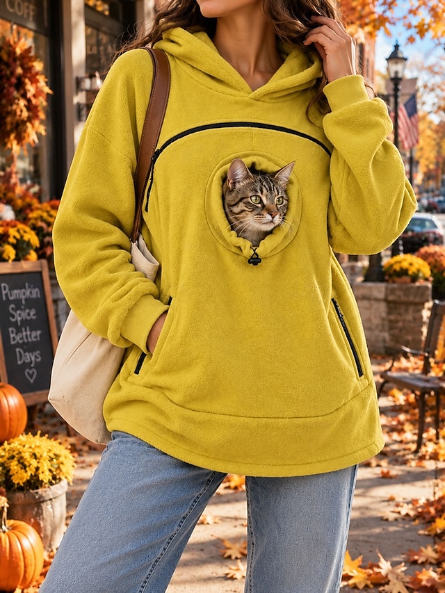 Women's Pet Carrier Hoodie Pet Pouch Hoodie Fleece Casual Long Sleeve Hooded Regular Tops pale pinkish gray Black Olive Green Yellow Red Fall Winter - Yellow