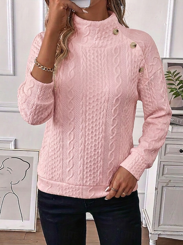 Women's Textured Pullover Sweatshirt Patchwork Buttons Casual Long Sleeve High Neck Regular Tops Home White Black Pink Violet Fall Winter - Pink