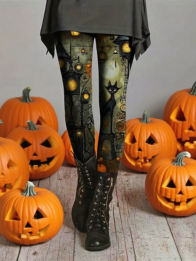 Halloween Women's Leggings Cozy Leggings Vacation Basic Casual Full Length High WaistPantsHalloween Cat Printing Thermal Warm Comfortable Stretchy Vacation Casual Daily Green Fall Winter Slim Fit - Green