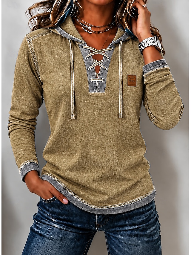 Women's Denim Hoodie Plain Vintage Casual Long Sleeve Half Zip Regular Tops Casual Work Holiday Blue Green khaki Spring Fall Winter - khaki