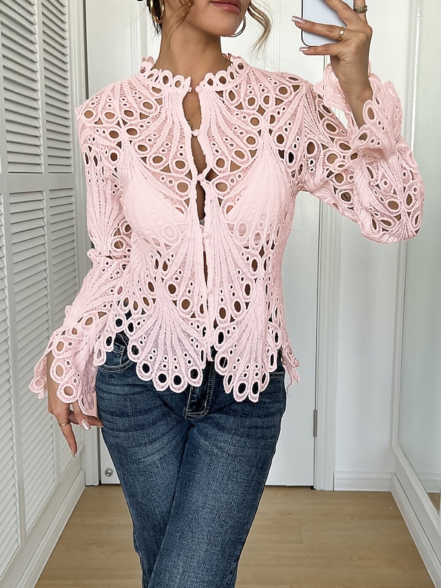 Women's Blouse Lace Solid Color Vintage Stylish Basic Long Sleeve High Neck Regular Tops Casual Daily Party Blue White Black Yellow Pink Summer Spring - Pink