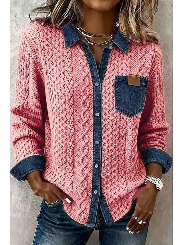Women's Shirt Buttons Solid Color Vintage Stylish Basic Long Sleeve Shirt Collar Regular Tops Daily Blue Black Pink Khaki Summer Spring Fall - Pink