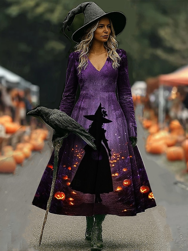 Halloween Women's Witch Hat Magic Fire Print Maxi Dress Hocus Pocus Graphic A Line V Neck Long Sleeve Gothic Costume Party Dress Orange Purple - Purple