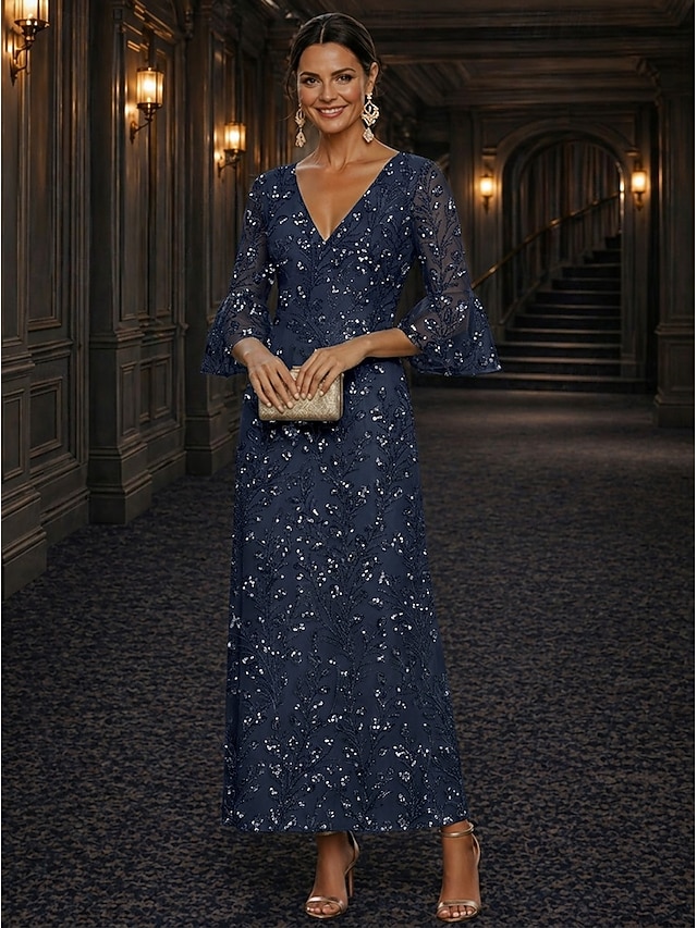 A-Line Dress Floor Length Ankle Length Cocktail Dress Mother of the Bride Dress Long Sleeve V Neck Elegant Luxurious Sparkle & Shine Formal Wedding Guest Semi Formal Lace with Beading Sequin - Dark Navy
