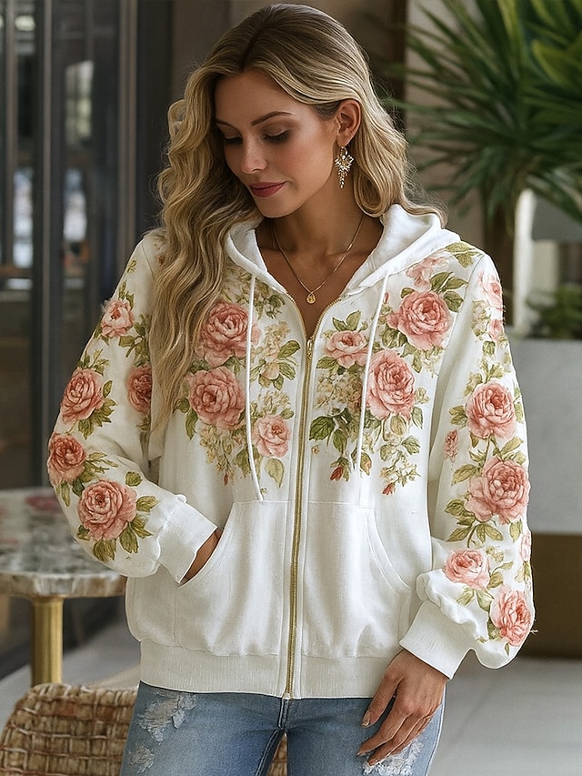 Women's 3D Print Vintage Boho Hoodie Patchwork Hoodie Sweatshirt Floral Zip Up s Vintage Fashion Casual Long Sleeve Hooded Street Dailywear Casual Patchwork Zipper Pocket Red Blue Spring Fall - White