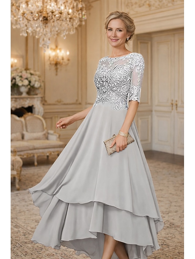 A-Line Asymmetrical Party Dress Cocktail Dress Wedding Guest Dress Mother of the Bride Dress Half Sleeve Crew Neck Elegant Simple Formal Wedding Guest Formal Evening with Lace Solid Color - Light Grey