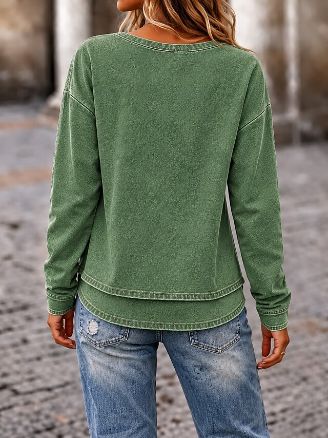 Women's Denim Blouse Denim Shirt T Shirt Fringe Vintage Daily Stylish Long Sleeve V Neck Regular Tops Casual Outdoor Streetwear Green Spring Fall Winter - Green
