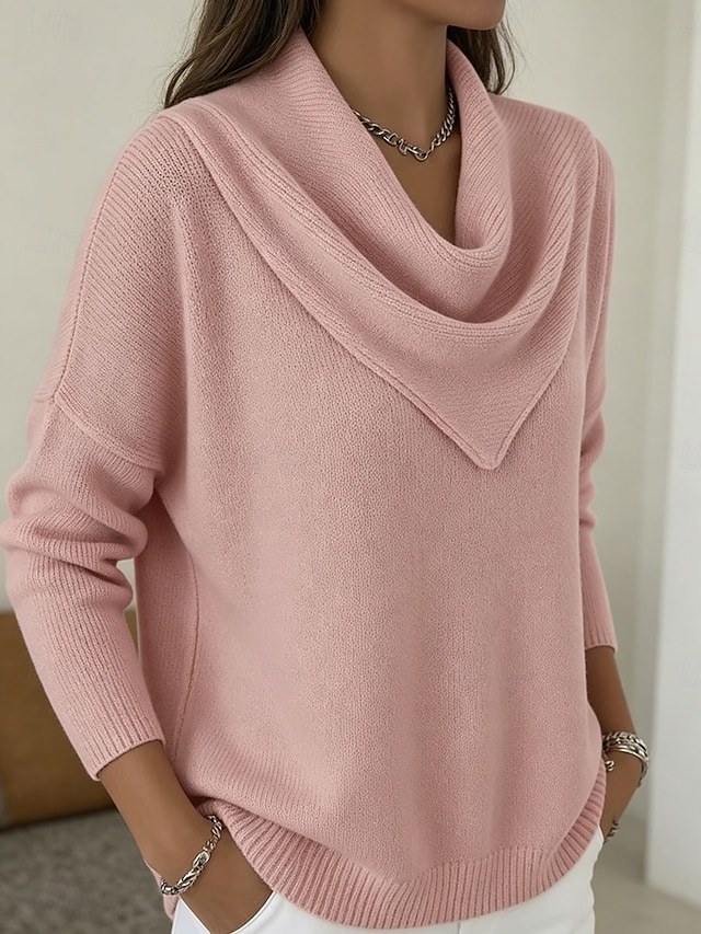 Women's Sweater Pullover Elegant Fashion Streetwear Solid Color Ribbed Cowl Knitted Long Sleeve Regular Tops Knit Daily Outdoor Weekend White Black Spring Fall - Pink