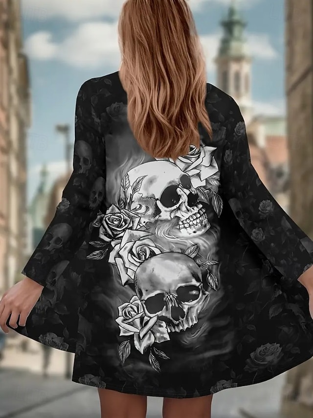 Halloween Women's Giant Skull 3D Bone Cage Print Kimono Cardigan Lightweight Collarless Open Front 3/4 Sleeve Long Cover Up White Gray - Gray