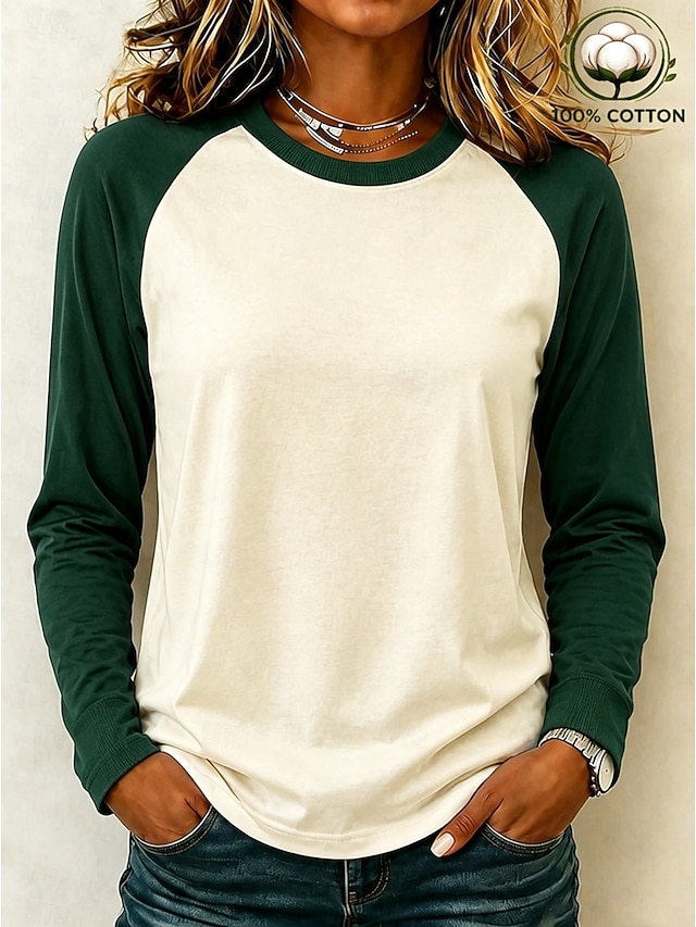 Women's Shirt 100% Cotton Stylish Casual Beach Long Sleeve Crew Neck Long Tops Casual Black Brown Green Spring Fall Winter - Green