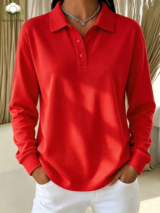 Women's 100% Cotton T Shirt Chest Buttons Plain Vintage Stylish Classic Long Sleeve Shirt Collar Polo Collar Long Tops Casual Daily Blue White Black Pink Red Spring Fall Winter - Red
