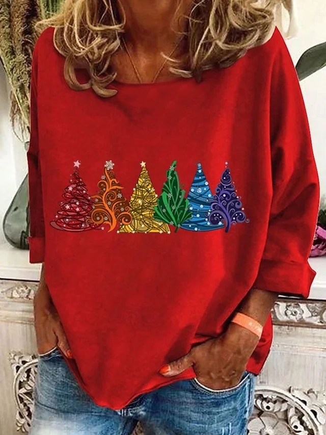Christmas Women's T Shirt Graphic Bohemia Vintage Fashion Long Sleeve Crew Neck Regular Tops Daily Weekend Print Black Pink Red Blue Green Spring Fall - Red
