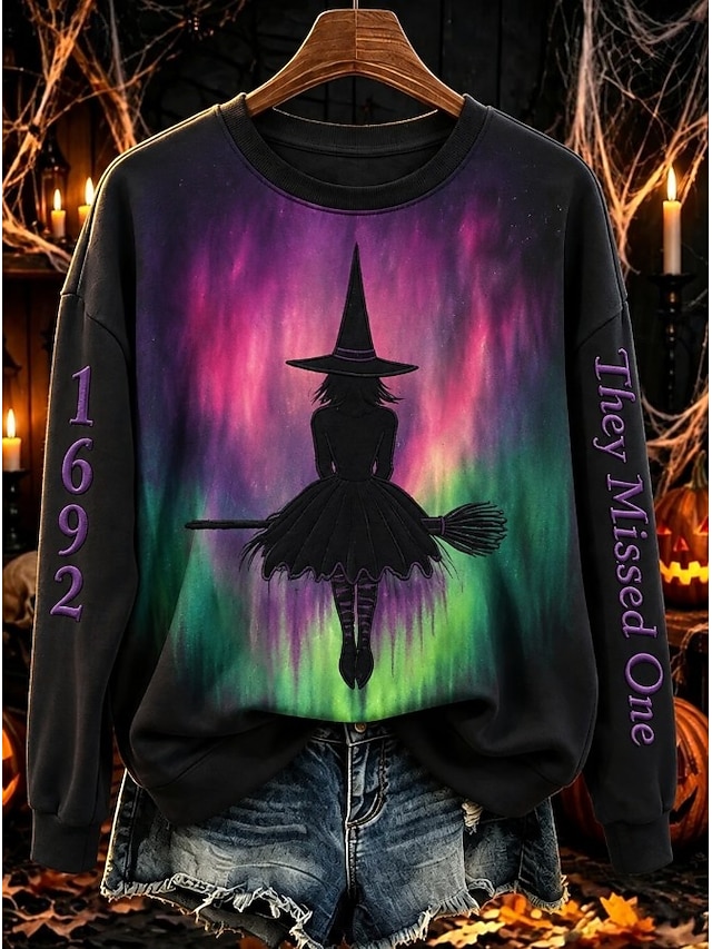 Halloween Women's Pullover Sweatshirt Print Graphic Letter Halloween Fashion Casual Long Sleeve Crew Neck Regular Tops Casual Street Dailywear Orange red Pink Purple Orange Fall Winter - Purple
