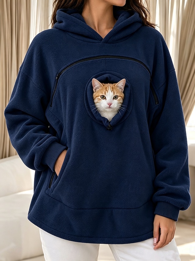 Women's Pet Carrier Hoodie Pet Pouch Hoodie Fleece Casual Long Sleeve Hooded Regular Tops pale pinkish gray Black Olive Green Yellow Red Fall Winter - Navy Blue