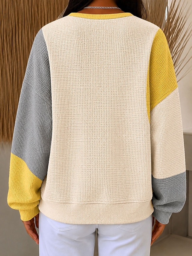 Women's Textured Pullover Sweatshirt Buttons Graphic Geometric Color Block Fashion Casual Print Long Sleeve Crew Neck Regular Tops Casual Street Blue Yellow Green Spring Fall - Yellow
