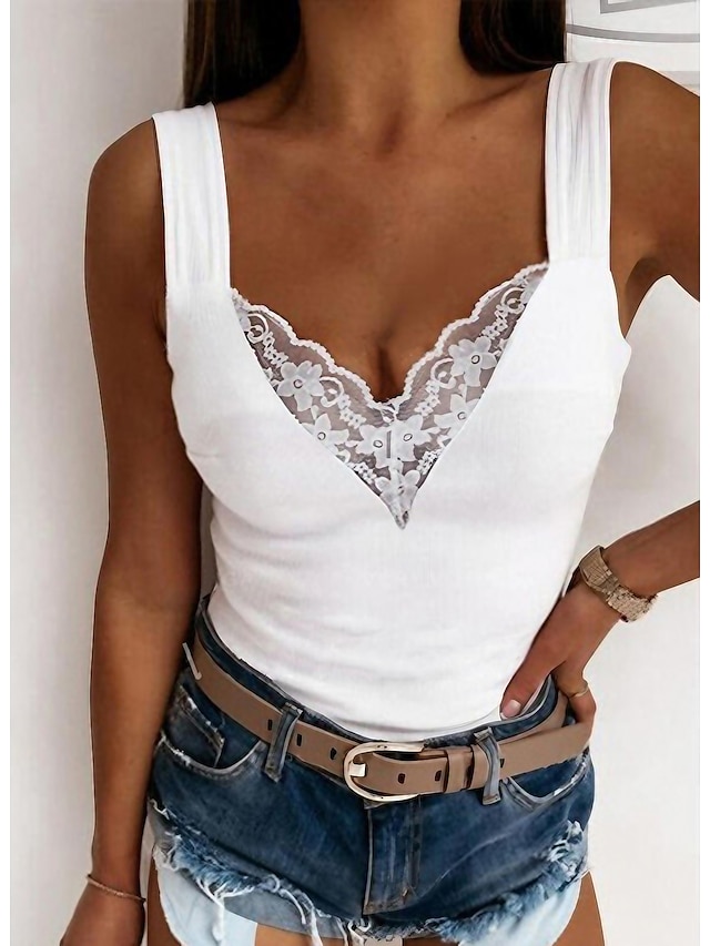 Women's Camisole Tank Top Going Out Tops Camis Concert Tops Black White Blue Plain Patchwork Lace Trims Sleeveless Party Daily Basic Sexy Sweetheart Regular S - White