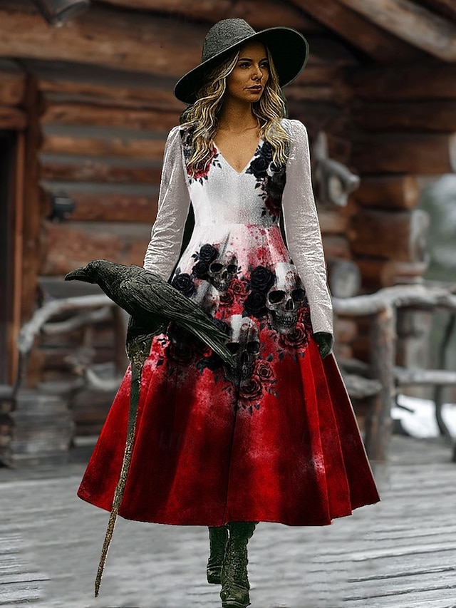 Halloween Women's Spider Web Print Maxi Dress Gothic Baroque Graphic A Line V Neck Long Sleeve Witch Costume Party Dress Black Dark Red - Red