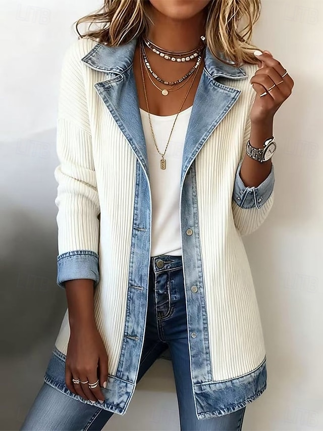 Women's Blazer Corduroy Jacket Casual Jacket Windproof Warm Jacquard Vintage Fashion Daily Casual Color Block Casual Regular Peaked Lapel Regular Long Sleeve Outerwear White Black Red Spring Fall - White