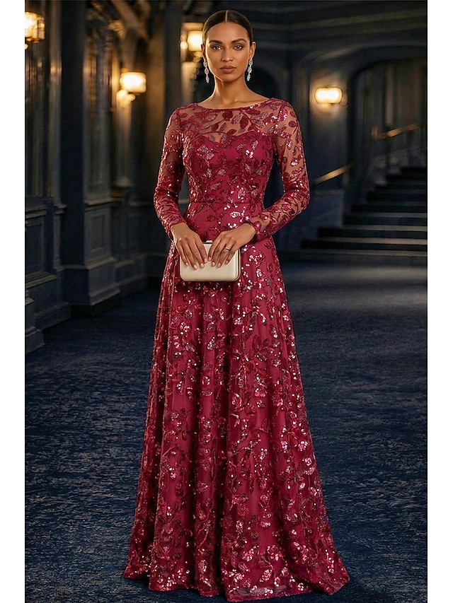 A-Line Dress Floor Length Party Dress Cocktail Dress Mother of the Bride Dress Long Sleeve Crew Neck Elegant Vintage Luxurious Formal Wedding Guest Kentucky Derby Chiffon Tulle with Pleats Sequin - Burgundy