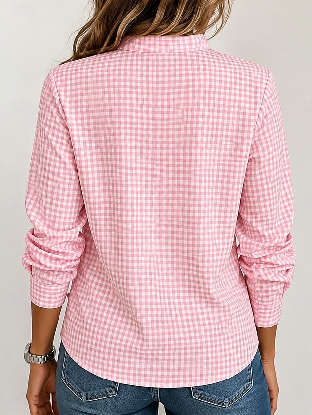 Women's Shirt Graphic Plaid Vintage Stylish Long Sleeve Notched Neck Regular Tops Casual Daily Holiday Blue Yellow Pink Summer Spring - Pink