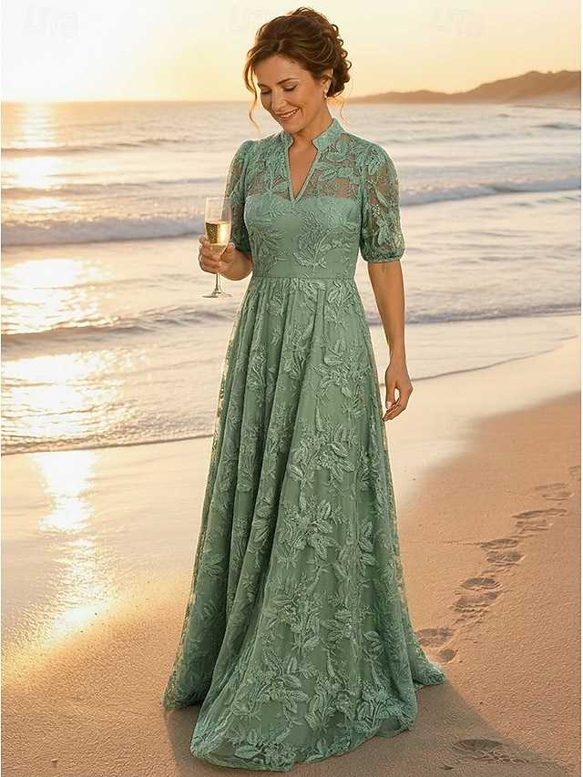 A-Line Dress Floor Length Lace Dress Mother of the Bride Dress Short Sleeve V Neck High Neck Elegant Vintage Luxurious Formal Wedding Guest Semi Formal Lace with Embroidery Appliques - Dusty Sage