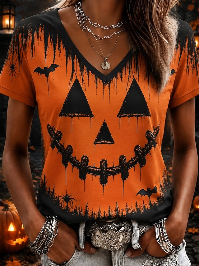Halloween Women's T Shirt Print Graphic Abstract Vintage Stylish Casual Short Sleeve V Neck Regular Tops Casual Daily Weekend Blue Purple Orange Fall Winter - Orange