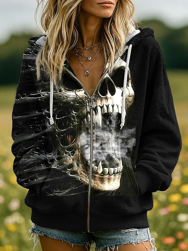 Halloween Women's Giant Skull Skeleton Ribcage Graphic Zip Up Hoodie 3D Anatomy Print Long Sleeve Drawstring Hood Pocket White Gray - Black