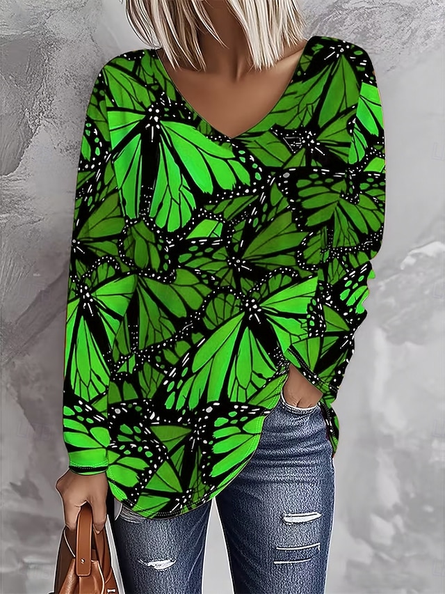 Women's T Shirt Print Graphic Butterfly Vintage Stylish Casual Long Sleeve V Neck Regular Tops Daily Blue Purple Orange Green Spring Fall - Green