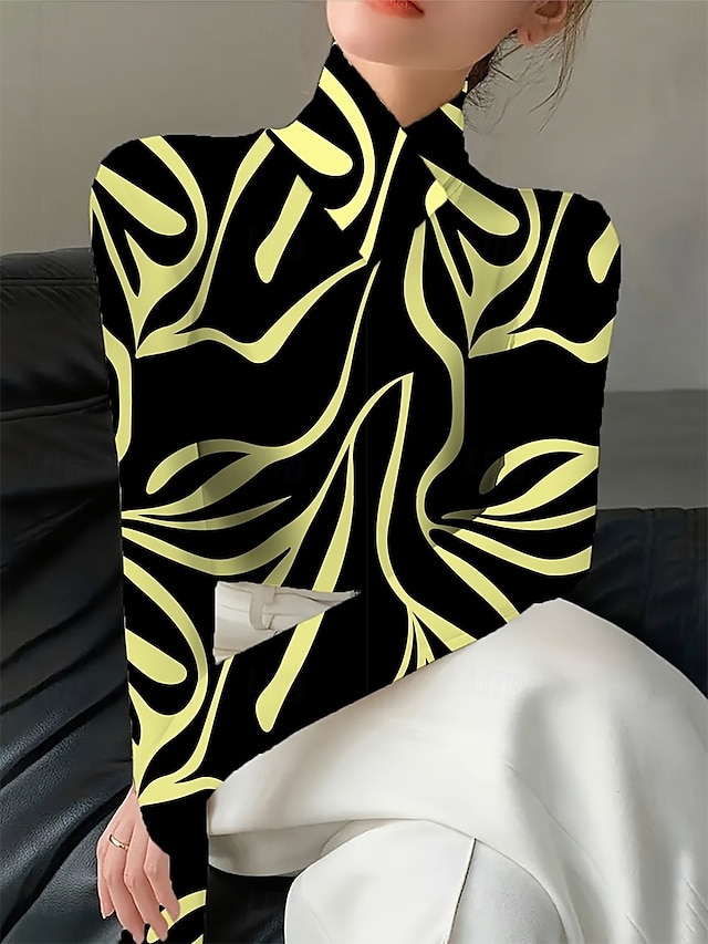 Women's T Shirt Graphic Geometry Elegant Vintage Stylish Long Sleeve Turtleneck High Neck Regular Tops Going out Blue White Yellow Red Fall Winter - Yellow