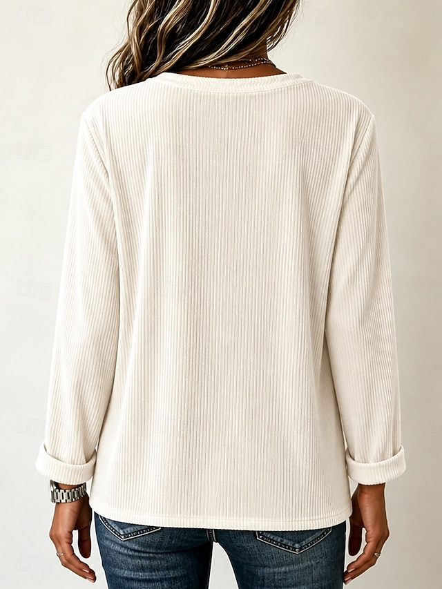 Women's Corduroy Shirt Blouse Ruffle Blouse Texture Buttons Solid Color Plain Vintage Daily Stylish Long Sleeve V Neck Regular Tops Casual Army Green Beige Gray Spring Fall Winter - Beige