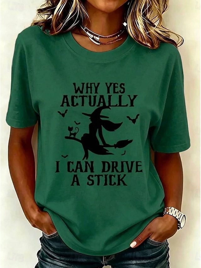 Halloween Women's T Shirt Print Graphic Witch Vintage Stylish Casual Short Sleeve Crew Neck Long Tops Casual Daily Weekend White Black Pink Orange Green Summer Spring Fall Winter - Green