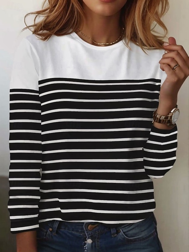 Women's T shirt Long Sleeve Crew Neck Long Sleeve Tunic Striped Basic Round Neck Regular Tops Daily Weekend Print Black White Red Blue Gray Fall & Winter Prefall - White