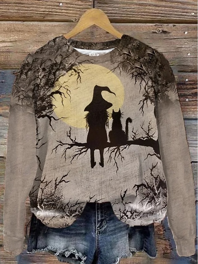 Halloween Women's Creepy Old Witch Broomstick Graphic Sweatshirt Vintage Cartoon Print Pullover Long Sleeve Crew Neck Casual Top White Fall Winter - Khaki